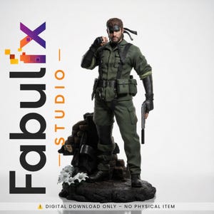 May include: A detailed collectible figurine of a soldier in olive green tactical gear, including a jacket, pants, and harness, holding a suppressed pistol. The figure stands on a dark, rocky base with white flowers and the text Fabulix STUDIO.
