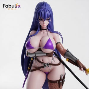 May include: A detailed figurine of a woman with long purple hair, wearing a purple bikini, and holding a sword. The figurine has a butterfly-shaped belt buckle and is from the Fabulix Studio.