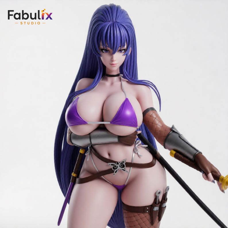 May include: A detailed figurine of a woman with long purple hair, wearing a purple bikini, and holding a sword. The figurine has a butterfly-shaped belt buckle and is from the Fabulix Studio.