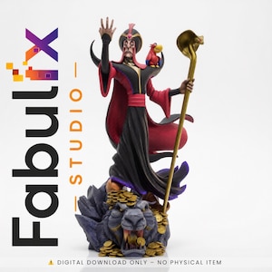 May include: A detailed figurine of Jafar from Aladdin, in a black and red robe, holding a staff with a cobra head. A parrot sits on his shoulder. The base features a tiger's head with gold coins. The text reads "FabuliX Studio".