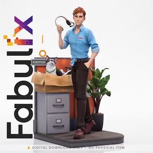 Puede incluir: Figura 3D de un hombre con camisa azul y pantalón marrón sosteniendo unos auriculares. Un gato blanco y negro está sentado en una caja de cartón encima de un archivador gris. Una planta en maceta está a la derecha. La imagen tiene el texto "Fabulix".