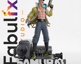 May include: A 3D character figurine featuring a person with a spiky dark hairstyle, wearing a yellow jacket, dark pants, and gold chains, holding a handgun. The figure stands on a mechanical base with the text Fabulix STUDIO and SAMURAI visible.