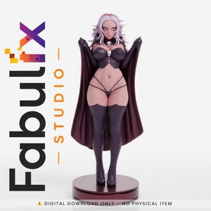 May include: A figurine of a female character with pale skin, white hair, and dark purple attire. She wears a cape, a choker with a skull, and thigh-high stockings. The base is a dark red circle. The logo "Fabulx Studio" is visible.