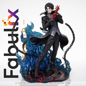 May include: A detailed figurine of a character in a black coat, pants, and boots, wearing a white mask and red gloves. The figure stands on a base with blue flames and chains. The text "fabutx" and "DIGITAL DOWNLOAD ONLY - NO PHYSICAL ITEM" are visible.