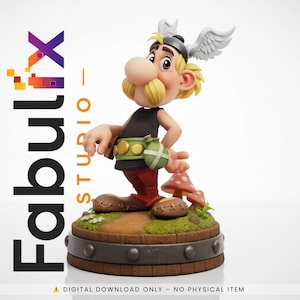 Op de afbeelding: Gedetailleerd beeldje van Asterix, een stripfiguur, staat op een houten voet met een paddenstoel. Hij draagt een zwart topje, een rode broek en een gevleugelde helm. Het beeldje heeft een grote neus en een gele snor. De afbeelding bevat de tekst "Fabulx Studio".
