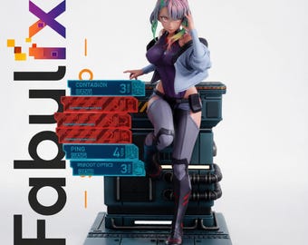 May include: A collectible anime-style figure featuring a character with pink and green hair, wearing a purple bodysuit and light blue jacket, leaning against a dark blue industrial console with floating holographic status bars labelled FabuFix.