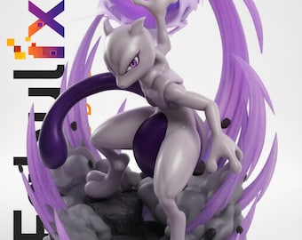 May include: A light purple Mewtwo figurine standing on a dark rocky base, holding a glowing purple energy sphere above its head. The character has a long tail, purple eyes, and a dark purple abdomen. The text "Faultfix" and "DIGITAL DOWNLOAD ONLY - NO PHYSICAL ITEM" are visible.