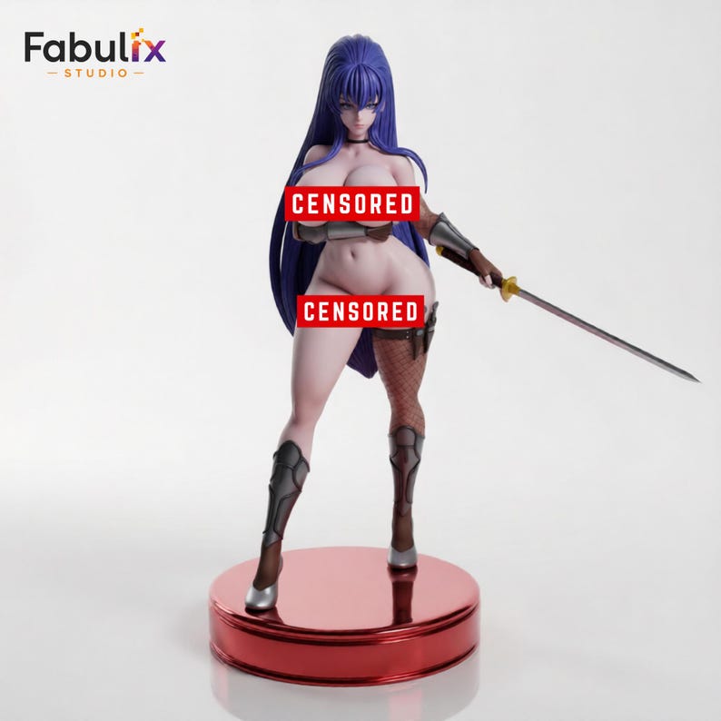 May include: A figurine of a female character with long blue hair, holding a sword. The figure is on a red circular base. The figurine has a detailed design, with armor and a revealing outfit. The Fabulix Studio logo is in the top left corner.