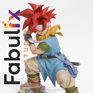 May include: A detailed figurine of a character with spiky red hair, wearing a blue tunic, tan pants, and brown boots, holding a sword. The figure has a determined expression. The Fabulx Studio logo is visible.