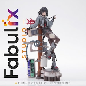 May include: A detailed figurine of a female character in a futuristic outfit, standing on a platform with industrial elements. The figure wears a gray jacket, black shorts, and torn leggings. The image includes the text "Fabulx Studio" and Chinese characters.