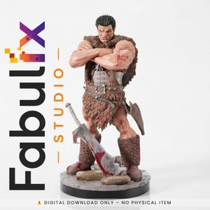 May include: A detailed figurine of a muscular warrior with crossed arms, wearing fur and armor. A large sword lies on the ground, stained with red. The figure stands on a round base. The Fabulix Studio logo is visible.