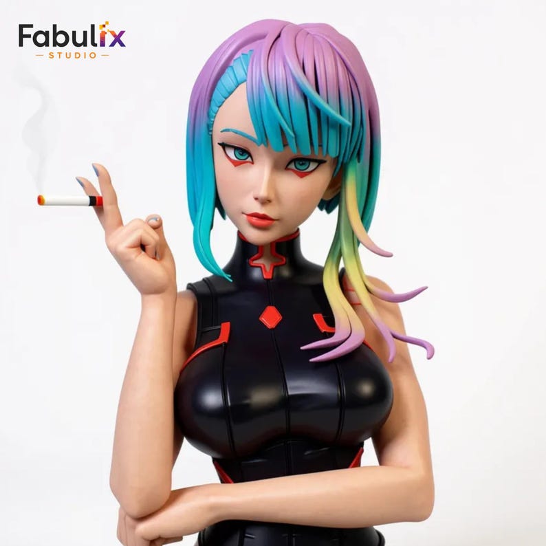 May include: A bust of a female figure with vibrant, multicolored hair, wearing a black outfit with red accents. She holds a lit cigarette. The figure has blue eyes and red lipstick. The Fabulix Studio logo is in the upper left corner.