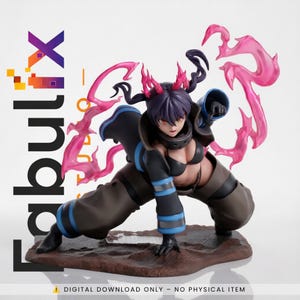 May include: A dynamic anime-style figurine of a character with dark hair and pink flame-like accents, wearing a black bikini top and dark trousers with blue stripes. The figure is in a crouched combat pose, surrounded by translucent pink energy effects.