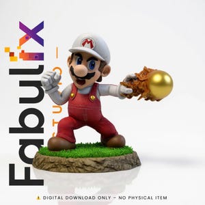 May include: A figurine of a character in a red jumpsuit and white hat, holding a golden fireball. The figure is on a base of green grass and brown earth. The image includes the text "FabuliX Studios" and "DIGITAL DOWNLOAD ONLY - NO PHYSICAL ITEM."