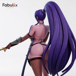 May include: A detailed figurine of a character with long, flowing purple hair in a high ponytail. The figure is clad in minimal attire, including a thong and fishnet stockings. The character is holding a sword and has a metallic arm guard. The Fabulix Studio logo is visible.