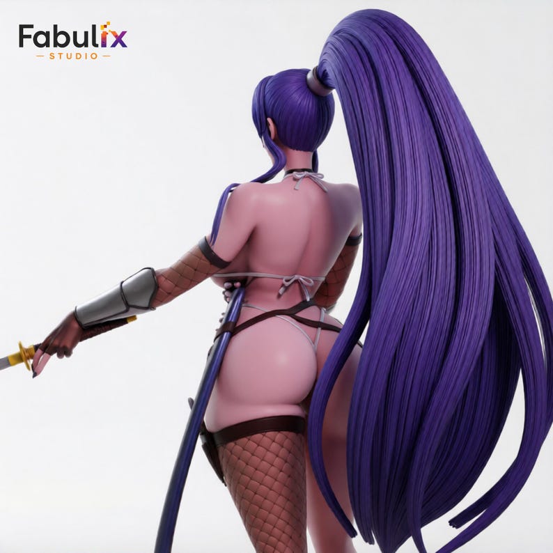 May include: A detailed figurine of a character with long, flowing purple hair in a high ponytail. The figure is clad in minimal attire, including a thong and fishnet stockings. The character is holding a sword and has a metallic arm guard. The Fabulix Studio logo is visible.
