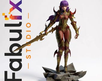 May include: A detailed figurine of a female warrior with purple hair and pointed ears, clad in gold and red armor, holding a golden sword. The figure stands on a rocky base. The image includes the text "Fabulx Studio".