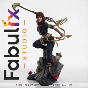 May include: A detailed figurine of a woman in a dynamic pose, wielding a staff. She wears a black outfit with gold accents and stands on a rocky base with red roses. The Fabulix Studio logo is visible, along with text indicating a digital download.