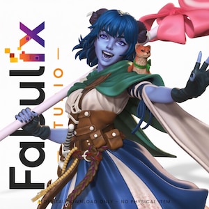 May include: A detailed figurine of a character with blue skin, hair, and eyes, wearing a green cape, brown corset, and blue and white dress. A small animal rests on the character's shoulder. The figurine holds a staff and has a joyful expression. The text "Fabrix Studio" is visible.