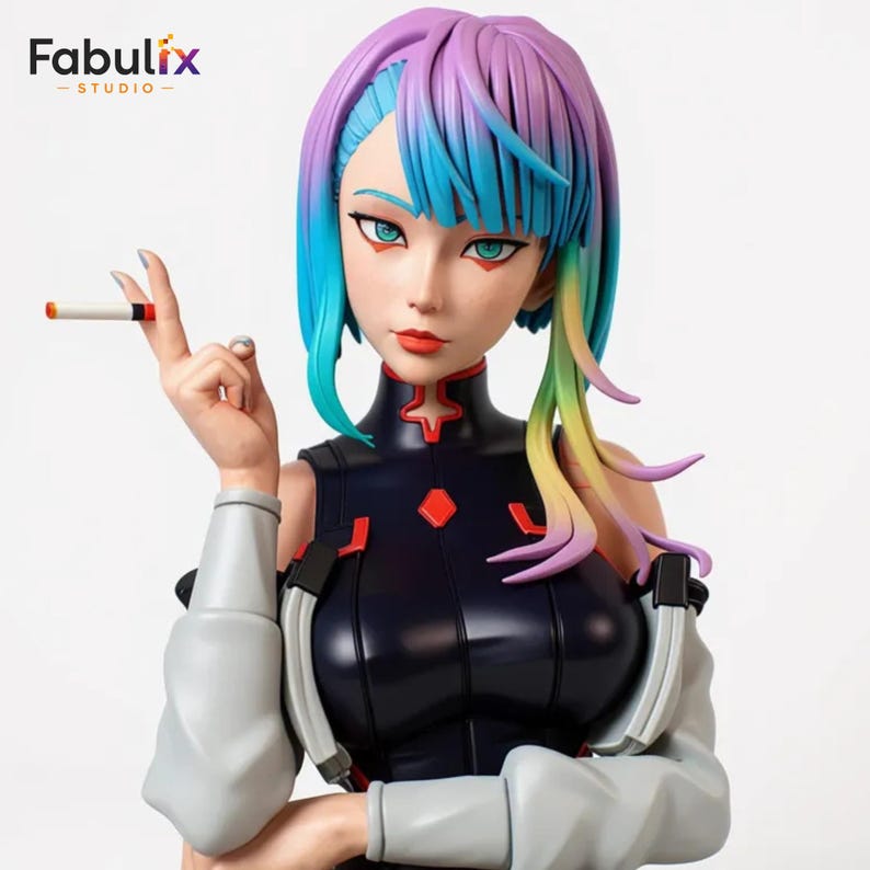 May include: A detailed figurine of a woman with vibrant, multicolored hair, holding a cigarette. She wears a black and red outfit with gray sleeves. The figurine has a stylized design with a futuristic aesthetic. The Fabulix Studio logo is in the top left corner.