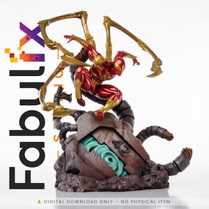 May include: A red and gold Spider-Man action figure with golden mechanical arms, posed dynamically atop a detailed, weathered base. The figure is in a crouching position. The base has a teal-colored interior. Text on the image reads "DIGITAL DOWNLOAD ONLY - NO PHYSICAL ITEM."