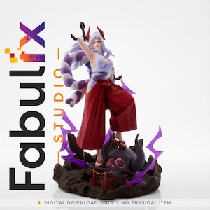 May include: A detailed figurine of a character in a dynamic pose, wearing a light purple top, red pants, and sandals. The figure has long, light purple hair and is holding a sword. The base features a skull and purple lightning accents. The Fabulix Studio logo is visible.