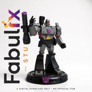 May include: A gray and black action figure of a robot with a purple emblem on its chest. The figure is holding a large black weapon and stands on a black base with a purple emblem. The image includes the text "Fabullx Studio" and "DIGITAL DOWNLOAD ONLY - NO PHYSICAL ITEM."