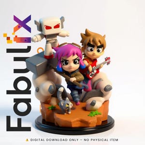 May include: A colorful figurine featuring three cartoon characters and a small gray cat. The characters include a robot, a girl with pink hair, and a boy playing a guitar. The figurine is set on a brown base with the text "Fabulix" and "DIGITAL DOWNLOAD ONLY - NO PHYSICAL ITEM".