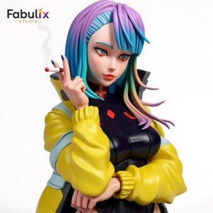 May include: A detailed figurine of a woman with vibrant, multicolored hair and a yellow jacket. The figure is holding a lit cigarette. The figurine has a black top with red accents. The Fabulix Studio logo is in the top left corner.