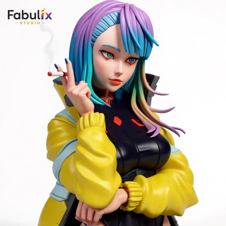 May include: A detailed figurine of a woman with vibrant, multicolored hair and a yellow jacket. The figure is holding a lit cigarette. The figurine has a black top with red accents. The Fabulix Studio logo is in the top left corner.