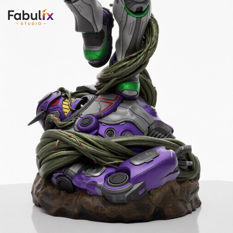 May include: A detailed statue featuring a futuristic robot figure in shades of purple, gray, and green, entangled in vines. The robot is posed dynamically, with one leg raised. The base is a textured brown. The Fabulix Studio logo is in the upper left corner.