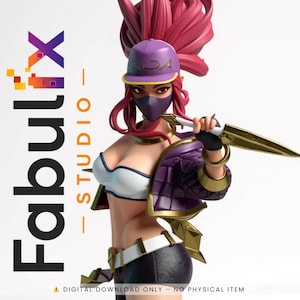 May include: A detailed figurine of a character with pink hair, a purple cap, and a mask, holding a golden dagger. The figure wears a purple jacket, white top, and black shorts. The image includes the text "FabuliX Studio" and "DIGITAL DOWNLOAD ONLY - NO PHYSICAL ITEM."