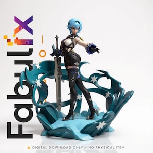 May include: A detailed figurine of a character with blue hair, clad in a black and white outfit, holding a sword. The figure stands on a teal base with decorative elements. The image includes the text "Fabrix" and "DIGITAL DOWNLOAD ONLY - NO PHYSICAL ITEM".