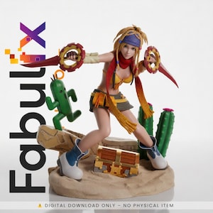 Pode incluir: Figura detalhada de uma personagem feminina de videogame, posando dinamicamente com duas grandes armas circulares. Ela usa um top amarelo, uma saia curta e botas azuis e brancas. Uma figura verde em forma de cacto e um baú do tesouro também estão presentes. O logotipo Fabulx é visível.