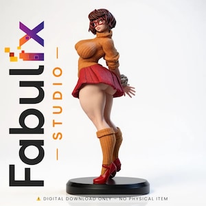 May include: A figurine of a cartoon character wearing a brown sweater, red skirt, and red shoes. The figure has brown hair and glasses. The base is black, and the logo "Fabulx Studio" is visible.