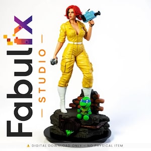 May include: A detailed figurine of a woman in a yellow jumpsuit, holding a camera and a camcorder. She has red hair and white boots. A small green turtle figure is on the base. The base is dark with brick and sewer details. The text "Fabulx Studio" is on the left.
