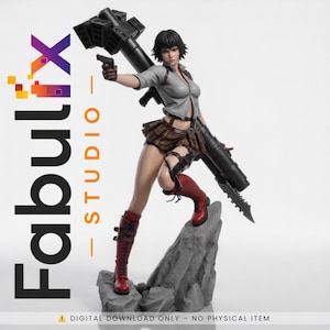 May include: A detailed figurine of a character with short black hair, wearing a light gray button-down shirt, a brown pleated skirt, and red lace-up boots. The character holds a black handgun and carries a large black rocket launcher on one shoulder.