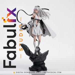 May include: A white-haired anime-style character figurine standing on a dark, jagged rock base. The character wears a white sleeveless dress with black accents, a long white cape, and black gloves. A large, ornate, silver-colored weapon is held in one hand.