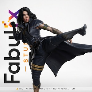 May include: A digital art image of a woman in a dynamic martial arts pose. She wears a black outfit with gold accents, a long coat, and boots. The image includes the text "Fabulx Studio" and the disclaimer "DIGITAL DOWNLOAD ONLY - NO PHYSICAL ITEM".