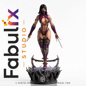 May include: A purple and black figurine of a female character from a video game, holding two daggers. The figure is standing on a detailed base with chains. The Fabulix Studio logo is on the left side of the image.