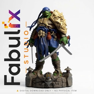 May include: A detailed figurine of Leonardo from Teenage Mutant Ninja Turtles, in a battle-ready pose. The figure is green, blue, and gold, holding two katanas and a shield. The base is a stone-like structure. Text on the left says "Fabulx Studio".