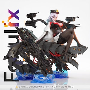 Puede incluir: Figura detallada de un personaje con cabello blanco, vistiendo un atuendo negro y rojo y una capa blanca. El personaje está sentado en una estructura mecánica con forma de dragón con cañones. La imagen incluye el texto "FULL X" y "DIGITAL DOWNLOAD ONLY - NO PHYSICAL ITEM".