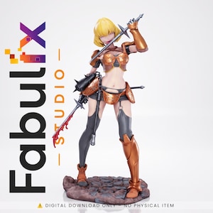 Puede incluir: Una figura de guerrero estilo anime de cabello rubio con armadura color cobre, leggings negros y sosteniendo un arma con púas y detalles rojos. El texto FabulFx STUDIO y DIGITAL DOWNLOAD ONLY - NO PHYSICAL ITEM es visible en la imagen.