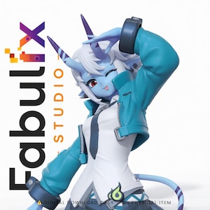 May include: A blue-skinned anime-style figure with white hair, red eyes, and horns, wearing a white top and a teal jacket. The figure is winking and making a peace sign. The text "Fabulix Studio" is visible on the left side of the image.