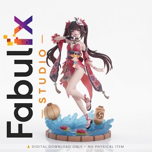 Op de afbeelding: Een beeldje van een vrouw in een rode en roze kimono met lang zwart haar en een vossenmasker. De figuur poseert op een voetstuk met water en lantaarns. Het Fabulx Studio-logo staat linksboven. De tekst onderaan luidt: ALLEEN DIGITALE DOWNLOAD - GEEN FYSIEK ARTIKEL.