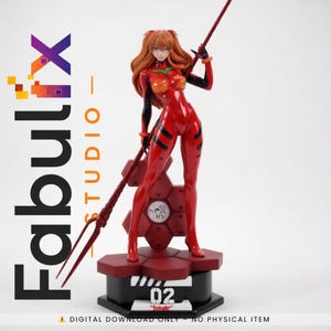 May include: A collectible anime-style figurine of a character with long orange hair, wearing a glossy red and black plugsuit. The character holds a long red spear and stands on a hexagonal base with the number 02 and the text FabulFix STUDIO.