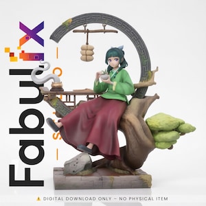 Op de afbeelding: Gedetailleerd beeldje van een vrouw in traditionele Koreaanse kleding, zittend op een gestileerde boom. Ze houdt een kleine kom vast, met een groen en rood kleurenschema. De achtergrond bevat een decoratieve boog en de tekst "fabrix".