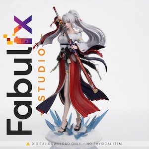 May include: A collectible figurine of a character with long white hair, wearing a white off-the-shoulder top and a red skirt, holding a long sword. The base features blue crystal shards. Text on the side reads Fabulix STUDIO and DIGITAL DOWNLOAD ONLY.