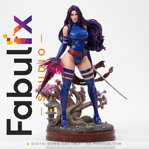 May include: A detailed statue of a female character in a blue bodysuit, with long purple hair and a sword. The figure is posed on a base with a tree and floral accents. The text "Fabulx Studio" is visible on the left side of the image.