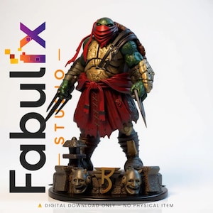 Könnte beinhalten: Detaillierte Figur eines Teenage Mutant Ninja Turtles-Charakters, der eine rote Maske und Rüstung trägt und Waffen hält. Die Figur steht auf einem Sockel mit dem Text "FabuliX Studio". Die Figur ist grün, gold und rot.